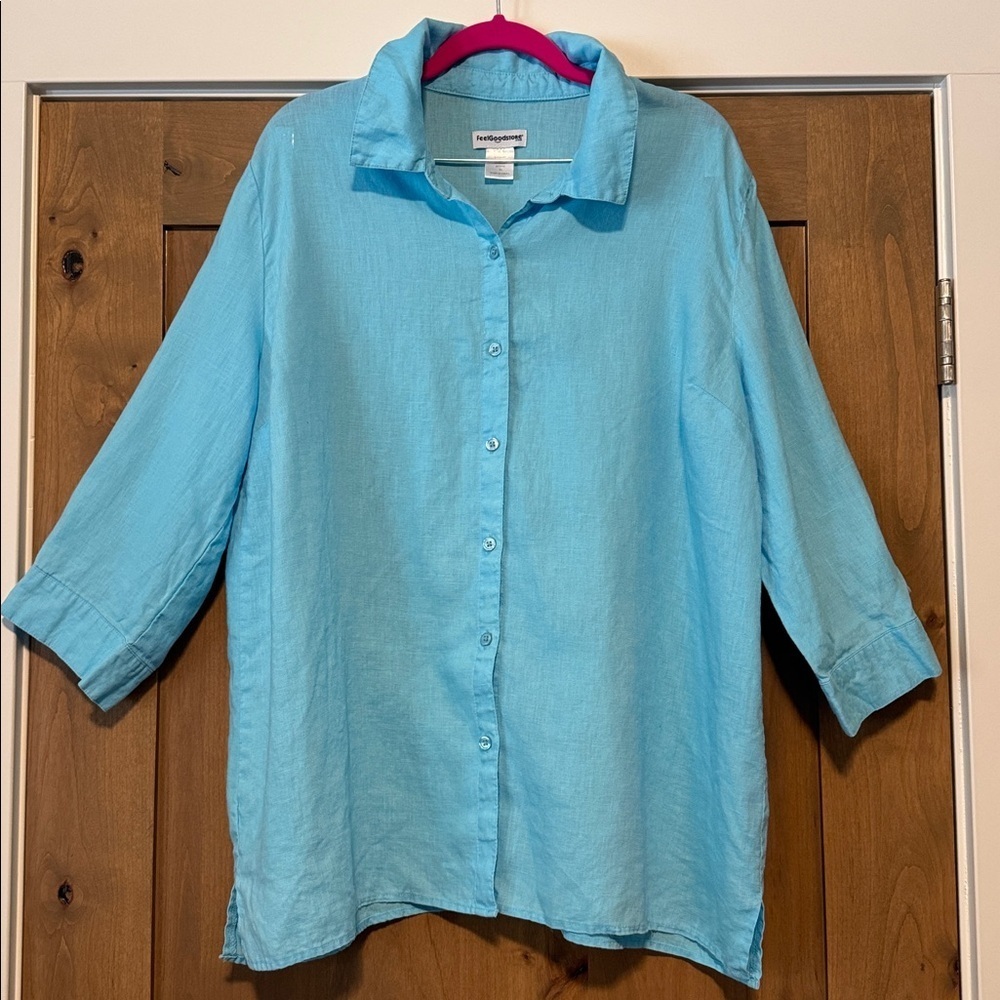 FeelGoodSTore.com Aqua blue Linen Button Down Blouse Womens XL Lagenlook Beach